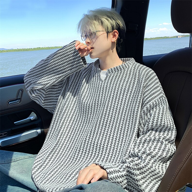 美式高街千鸟格子长袖T恤男女亨利V领英伦雅痞休闲宽松长袖打底衫，男装T恤，电商A443