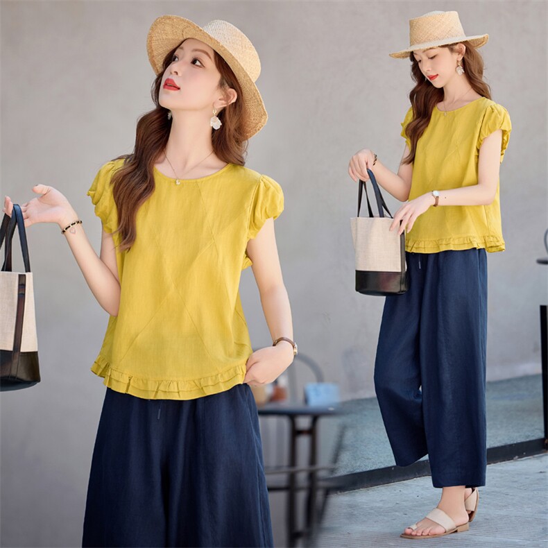 2026新款天丝苎麻短袖夏季女圆领黄衬衫两件套时尚休闲九分裤套装，女装衬衫，梦懿尔