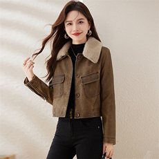 复古磨砂加绒小皮衣女修身短款2024冬季新款配毛领机车服pu皮夹克，女装棉衣/棉服，潮流依族
