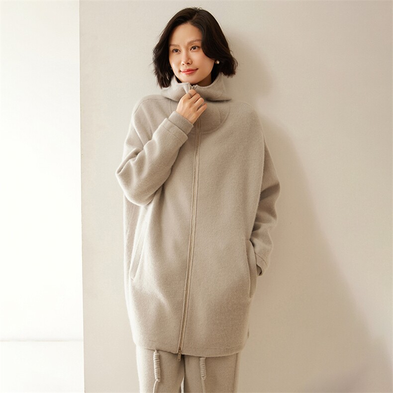 时尚保暖女士羊绒大衣宽松连帽设计优雅显瘦秋冬，女装羊绒大衣，绒创羊绒