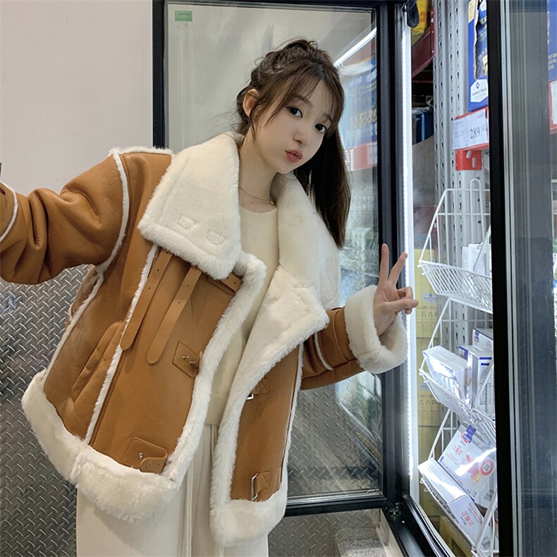 皮毛一体短款明线设计机车风短外套87-F8739-P195-K278,女装毛呢外套,2B190