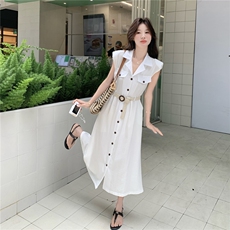 减龄松弛设计感休闲衬衫裙女2025夏季气质收腰亚麻减龄中长款长裙，女装连衣裙，2C133
