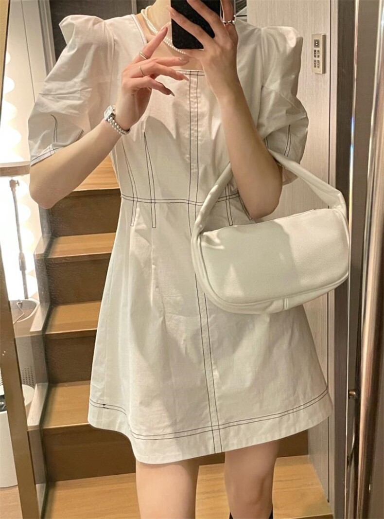 明线收腰连衣裙，女装连衣裙，BLACK