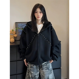 抖音得物高品质二开26春装美式高街铆钉拼接纯色开衫卫衣外套W122图片