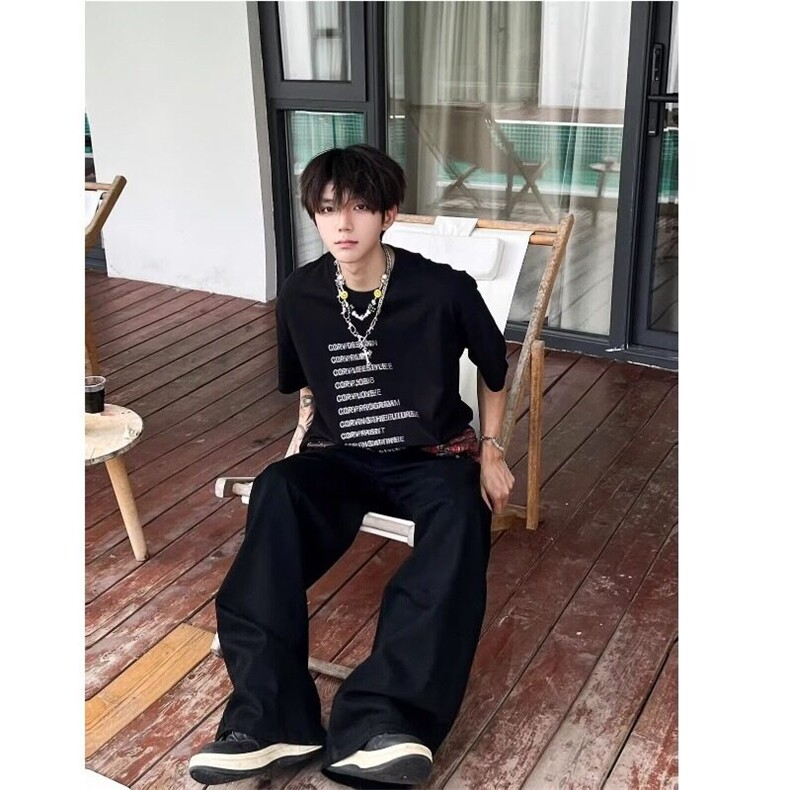 美式复古幻影字母印花短袖T恤男女潮牌宽松纯棉情侣体恤,男装T恤,星座506A