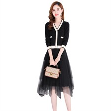 2021年秋季新款气质显瘦小香风假两件套针织连衣裙，女装连衣裙，金典明美