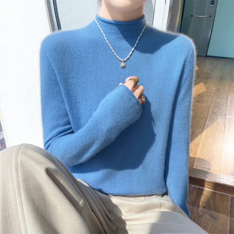 卷边半高领100%纯羊毛衫女长袖针织衫毛衣秋冬宽松羊绒衫打底上衣,针织衫/毛衣,昭美羊绒