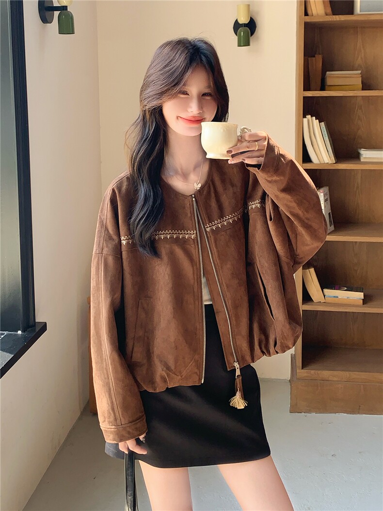 休闲复古麂皮绒短外套女春秋2025新款小个子夹克上衣流行爆款超火,女装短外套,浙宝106