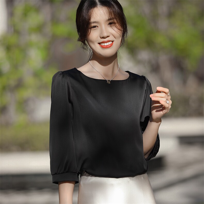 法式优雅真丝缎面七分袖衬衫女方领桑蚕丝短袖上衣醋酸半袖T恤衫,女装衬衫,朝贺羊绒