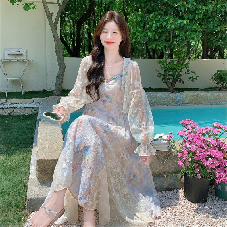 时尚超仙绝美吊带裙套装女夏2025新款度假风防晒开衫碎花裙两件套,女装套装/套裙,2C375