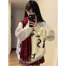 女款基础标语仿貂绒毛衣宽松休闲圆领学院风提花圆领针织衫上衣，男装针织衫/毛衣，星座506A