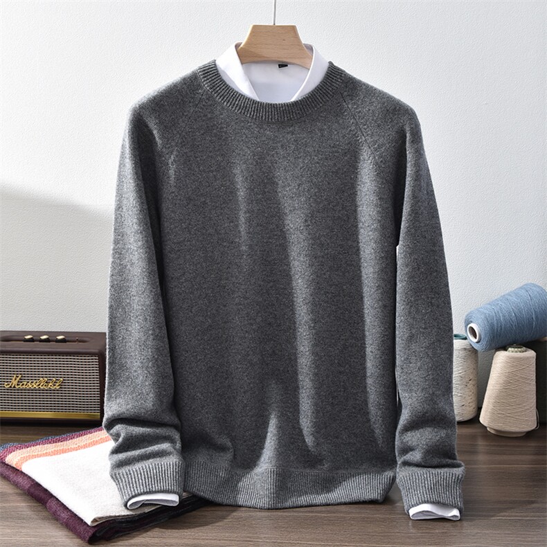 圆领山羊绒衫秋冬长袖商务休闲宽松针织羊绒衫，男装羊绒套衫，九爵羊绒
