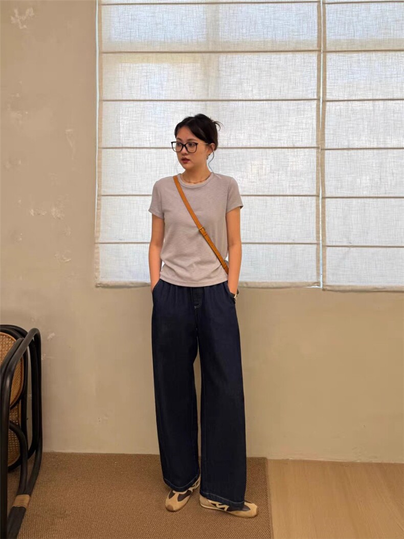 春夏新品显瘦遮肉莱赛尔棉混纺镰刀宽松直筒牛仔裤,女装休闲裤,湘姗