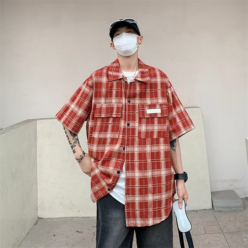 ins新款时尚文艺五分袖方领男潮标准拼色衬衫K588P42,男装衬衫,星座1116-2