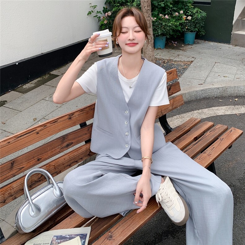蕾丝拼接西装马甲套装女2025夏季新款韩系超火减龄阔腿长裤两件套,女装套装/套裙,2C095