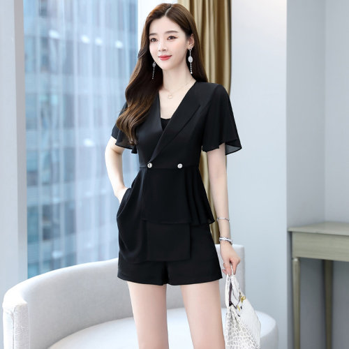 小个子套装女夏季2025新款洋气气质时尚高级感雪纺上衣短裤两件套，女装套装/套裙，火爆靓佳人