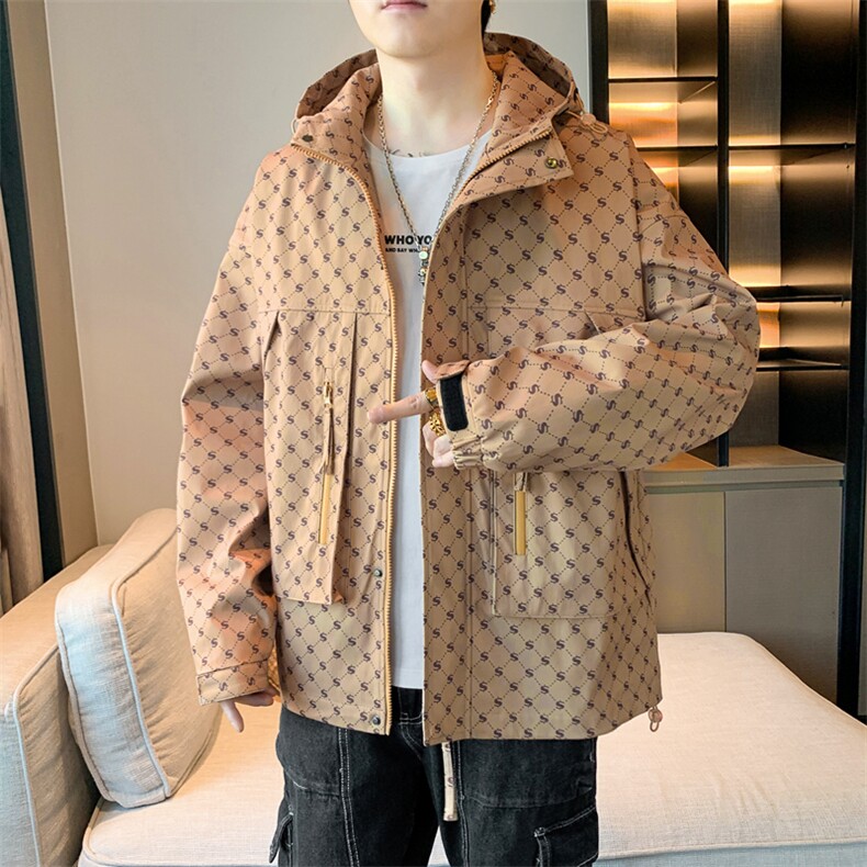 迷彩格子外套男春秋款连帽青少年春装冲锋衣夹克大码JK076-P100图片