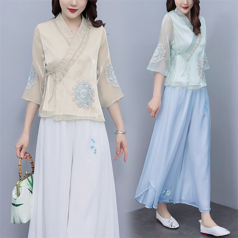 芷墨新款复古女装俩件套改良日常汉服套装超仙绣花中式上衣裤子女,女装套装/套裙,芷墨服饰