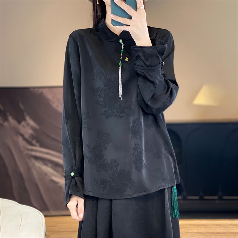 新款丝绸衬衫女长袖立领盘扣民族风上衣复古,女装衬衫,绒宛羊绒