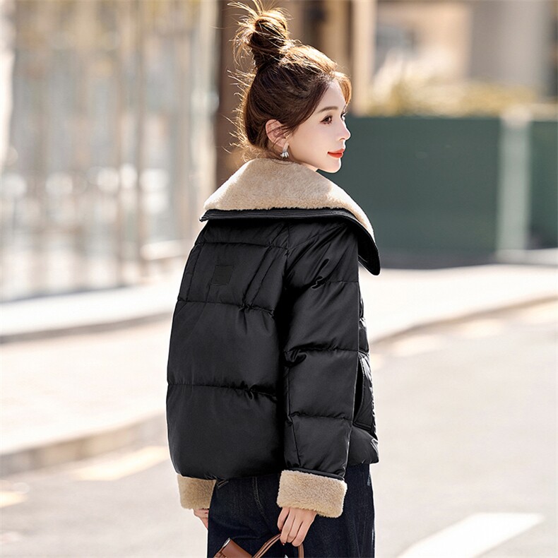 羊羔毛领拼接PU皮羽绒服女2025冬季新款小个子气质显瘦白鸭绒外套,女装羽绒服,慕咨