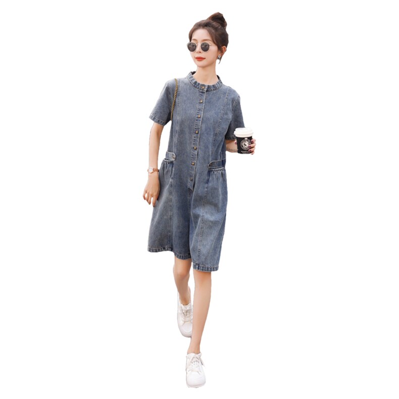 欧货复古气质牛仔连体裤女2025夏季新款休闲宽松阔腿工装连衣短裤,女装连体裤,秋水欣儿