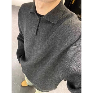 重磅秋冬北极绒亨利领毛衣开衫美式复古休闲慵懒风纯色翻领针织衫