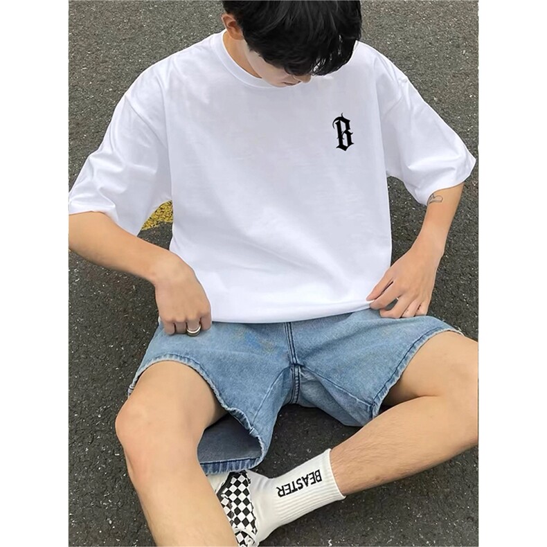 抖音得物供货现货210克宽松纯棉美式潮牌印花落肩袖纯棉T恤AT2129,男装T恤,电商A443