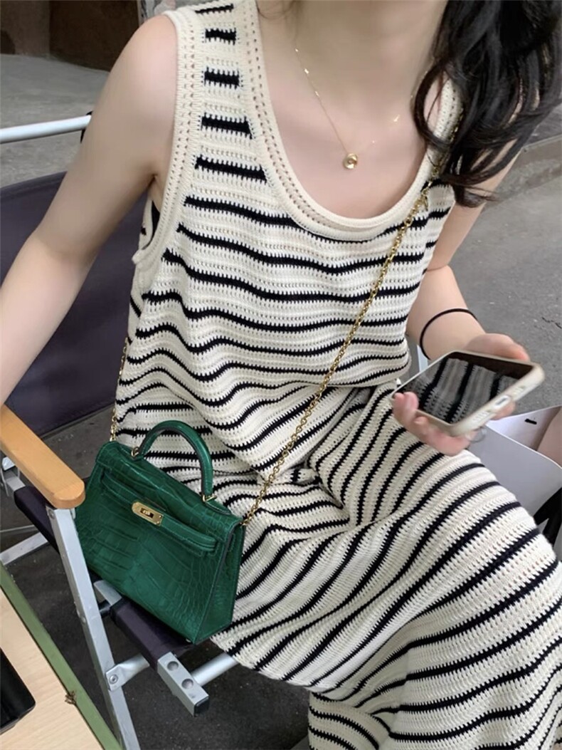 条纹针织连衣裙宽松无袖吊带裙小个子开叉打底背心裙,女装T恤,织己羊绒