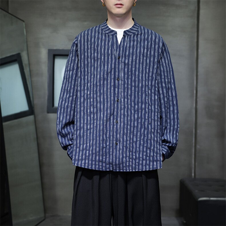 秋季新款风品质条纹长袖衬衫男立领衬衣潮新中式T2451-P68,男装衬衫,电商A227