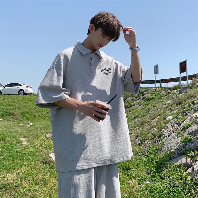 套装男韩版潮流字母刺绣POLO衫夏2023新款ins宽松五分裤W4857-P43,男装休闲套装,星座412-3