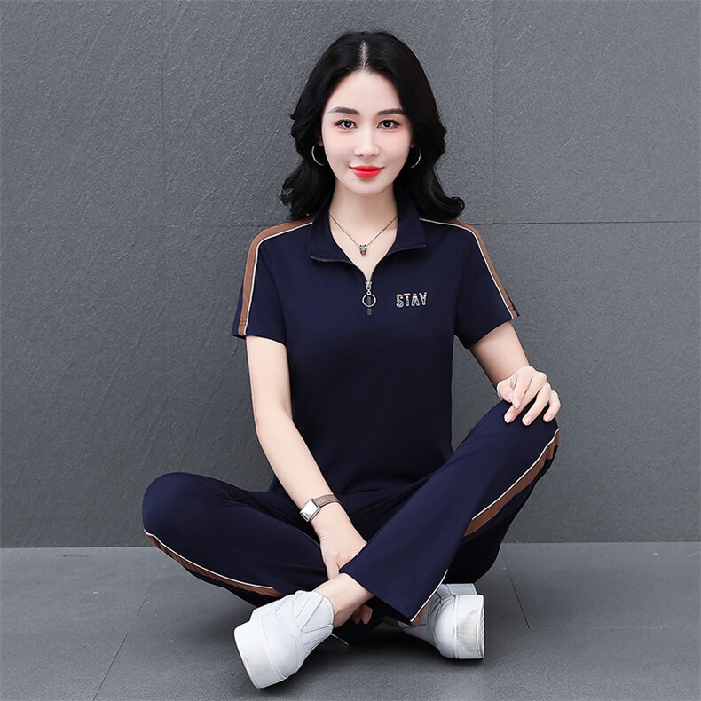半拉链运动套装女夏季2024新款中老年妈妈跑步休闲大码短袖两件套,女装运动套装,燕颉服饰