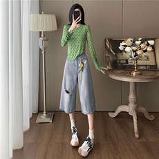 韩系减龄时尚套装女夏季新款绿色波点网纱上衣破洞牛仔中裤两件套，女装套装/套裙，江南
