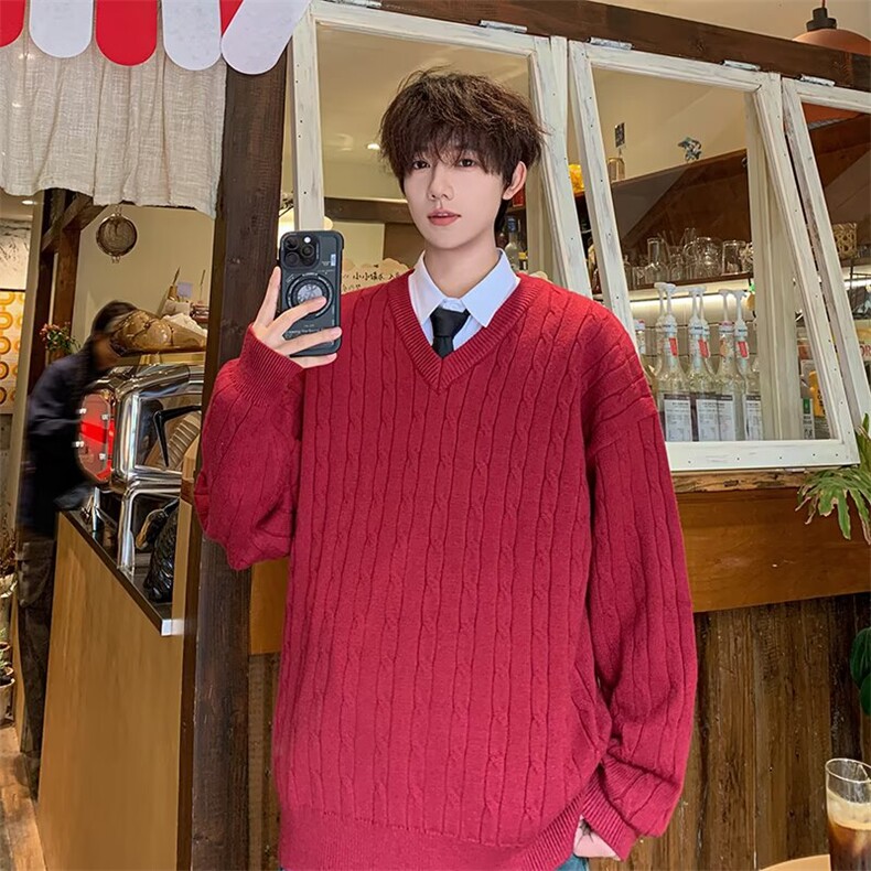 【高质量】复古男女针织外套宽松V领加厚凤凰绒酒红色毛衣V18-P49，男装针织衫/毛衣，电商B245