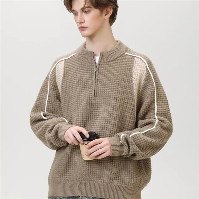 半拉链毛衣男秋冬小众设计感拼接潮牌美式复古上衣高级感痞帅外套，男装针织衫/毛衣，星座613