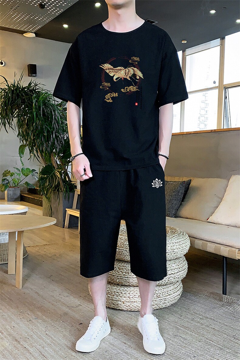 风夏季新款套装男休闲印花男士棉麻短袖短裤潮流套装P65,男装休闲套装,星座217-4