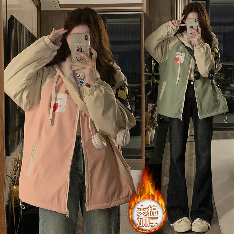棒球服外套女冬加绒加厚学生宽松风连帽羊羔毛棉衣ins潮C430-P95图片