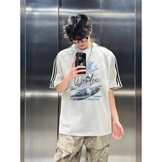 抖音得物高品质二开240克宽松纯棉美式潮牌三条杠织带短袖T恤，男装T恤，电商A486-1