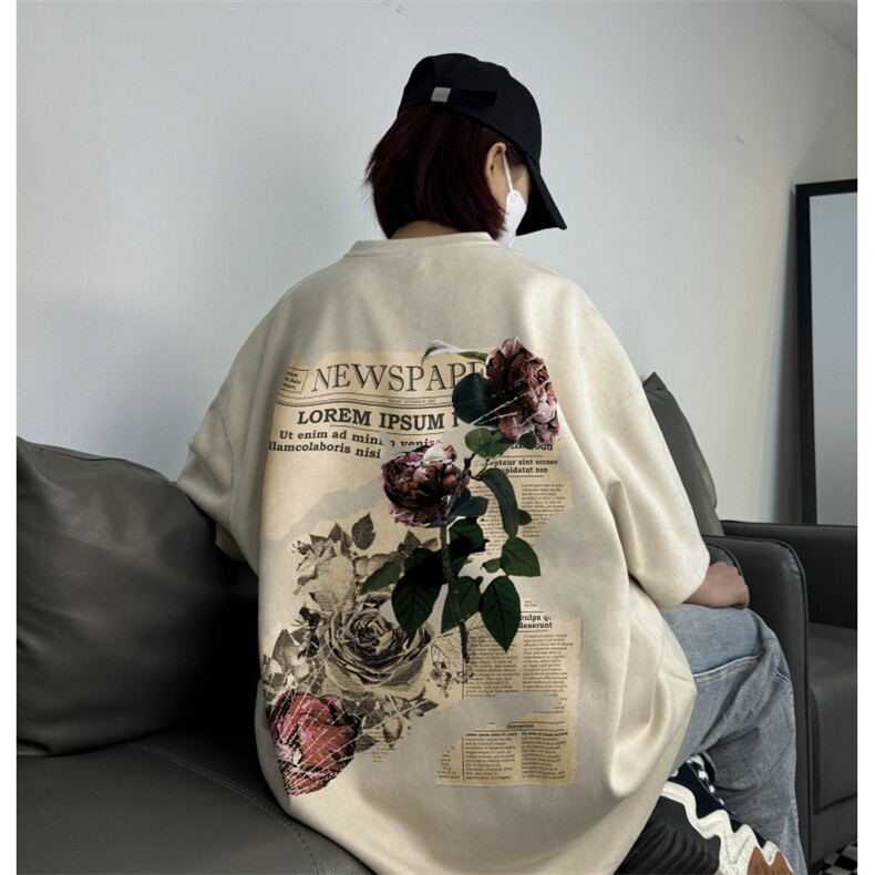 美式复古麂皮短袖阔版宽松街头高报纸玫瑰上衣XZ301B-JB4302-P28图片