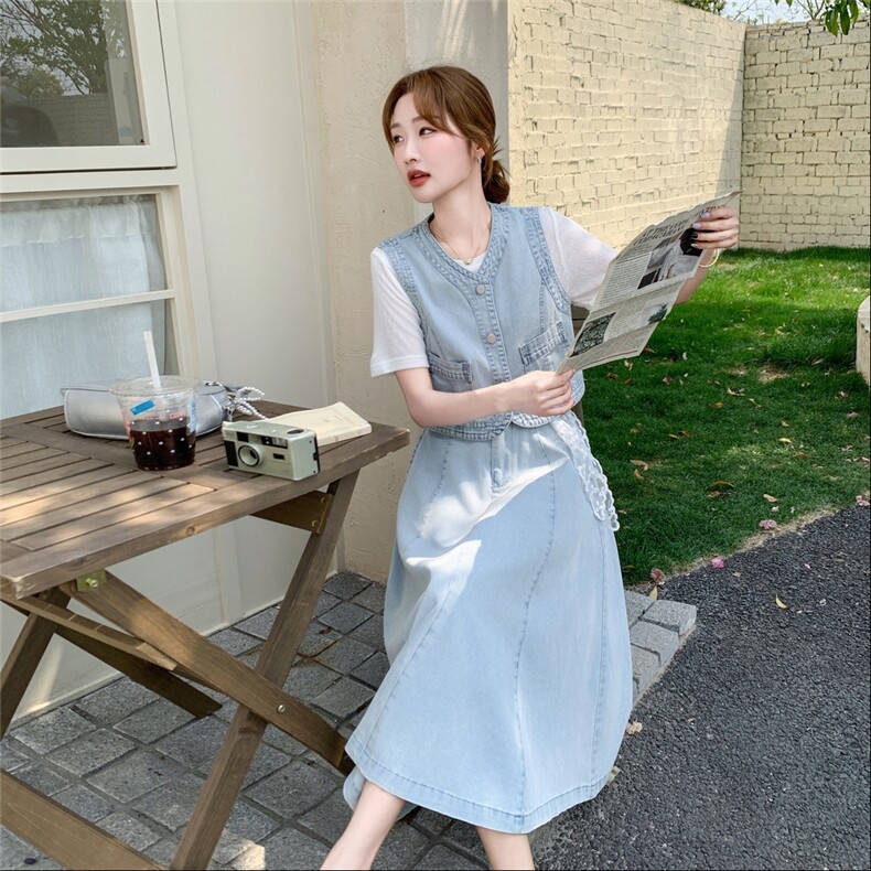 时尚减龄牛仔套装女2025年夏季新款马甲T恤半身裙三件套,女装套装/套裙,吉娜