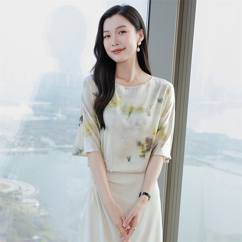 圆领印花真丝上衣女五分袖2026装短袖T恤半袖妈妈装真丝小衫，女装衬衫，阿舍尔精品
