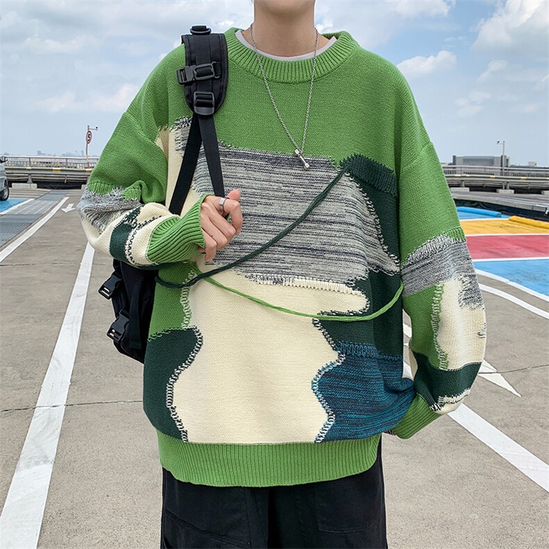 B222-P42秋冬高街潮牌拼接套头毛衣男日系复古不规则圆领针织衫,男装针织衫/毛衣,星座512-6