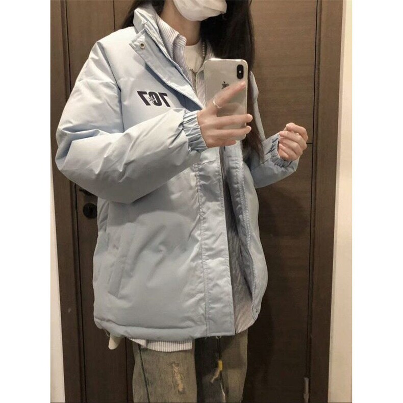 韩版设计感字母印花蓝色潮牌棉服女冬季新款百搭立领宽松棉衣外套,男装夹克,星座506A