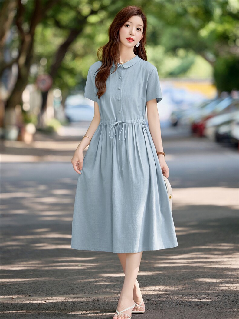 气质小翻领连衣裙女夏季2026新款收腰气质妈妈高级感纯色棉布裙子,女装连衣裙,倪叶myz