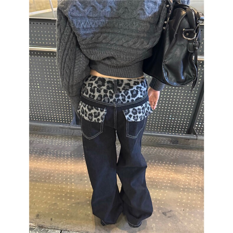 美式复古毛绒豹纹腰头拼接牛仔裤男女宽松阔腿休闲显瘦拖地长裤子,男装牛仔裤,星座302B-2