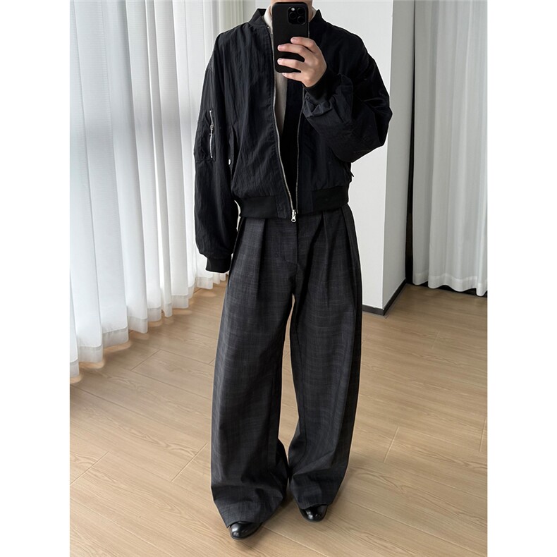 老钱风抖音面料格纹双面穿短款飞行员夹克外套W1803/特P88,男装夹克,电商B350