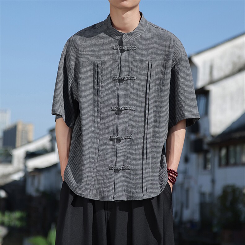宽松新中式条纹褶皱薄款春夏休闲手工盘扣立领唐装衬衫30506,男装衬衫,星座305A（原312A-1）