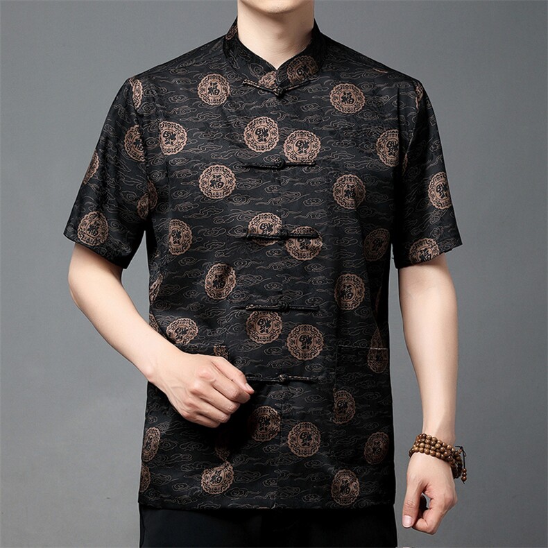 香云纱唐装男中老年夏季短袖衬衫真丝风夏装爸爸装上衣，男装T恤，钱塘723