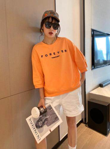 【现货】夏季新款针织防晒拼接字母刺绣印花七分袖圆领卫衣，女装卫衣/绒衫，微迪菲