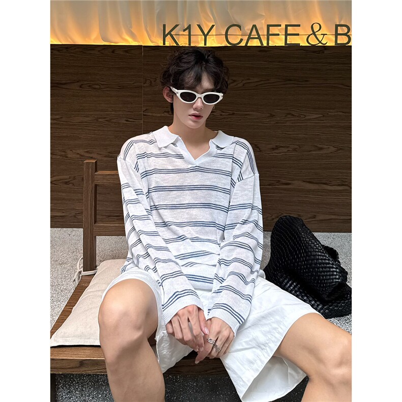 C316 FSCSTX23 P58 夏装新款长袖T恤防晒服V领针织衫条纹宽松图片