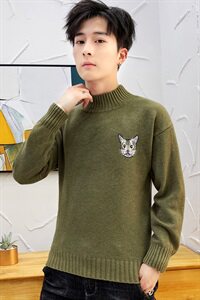 秋冬中领毛衣男套小猫头长袖外套男毛衫打底针织衫高领绿M228P35图片